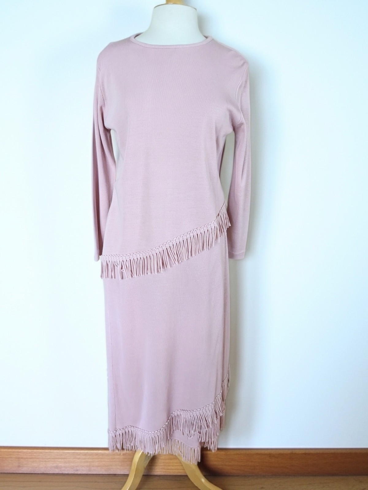 Vintage 1980s Dorby Lilac Pink Sweater Knit Set, Fringe Cowl Neck Top & Skirt