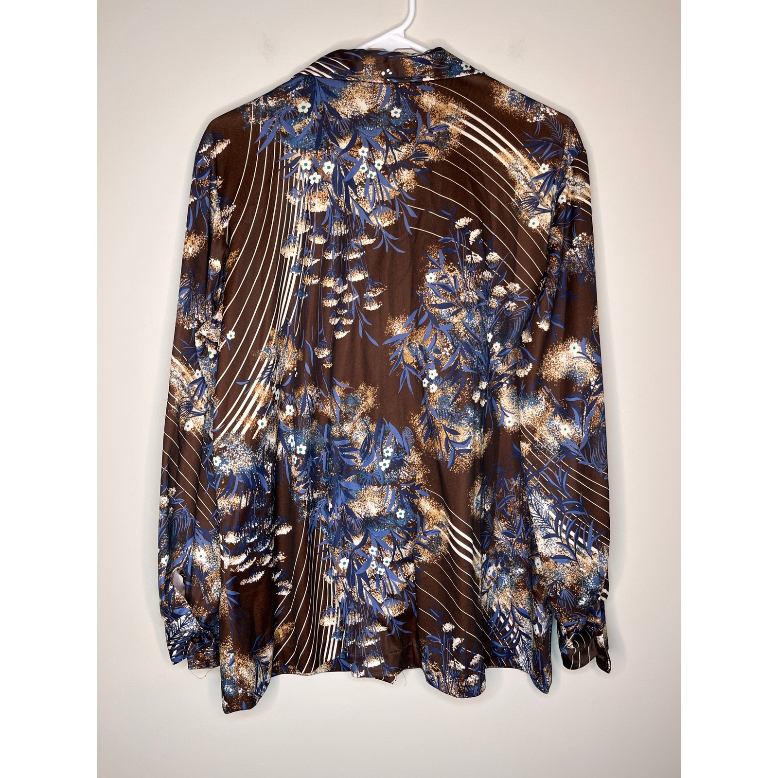 1970s Carol Henry Blue Chocolate Brown Floral Stripe Open Collar Disco Shirt 2X