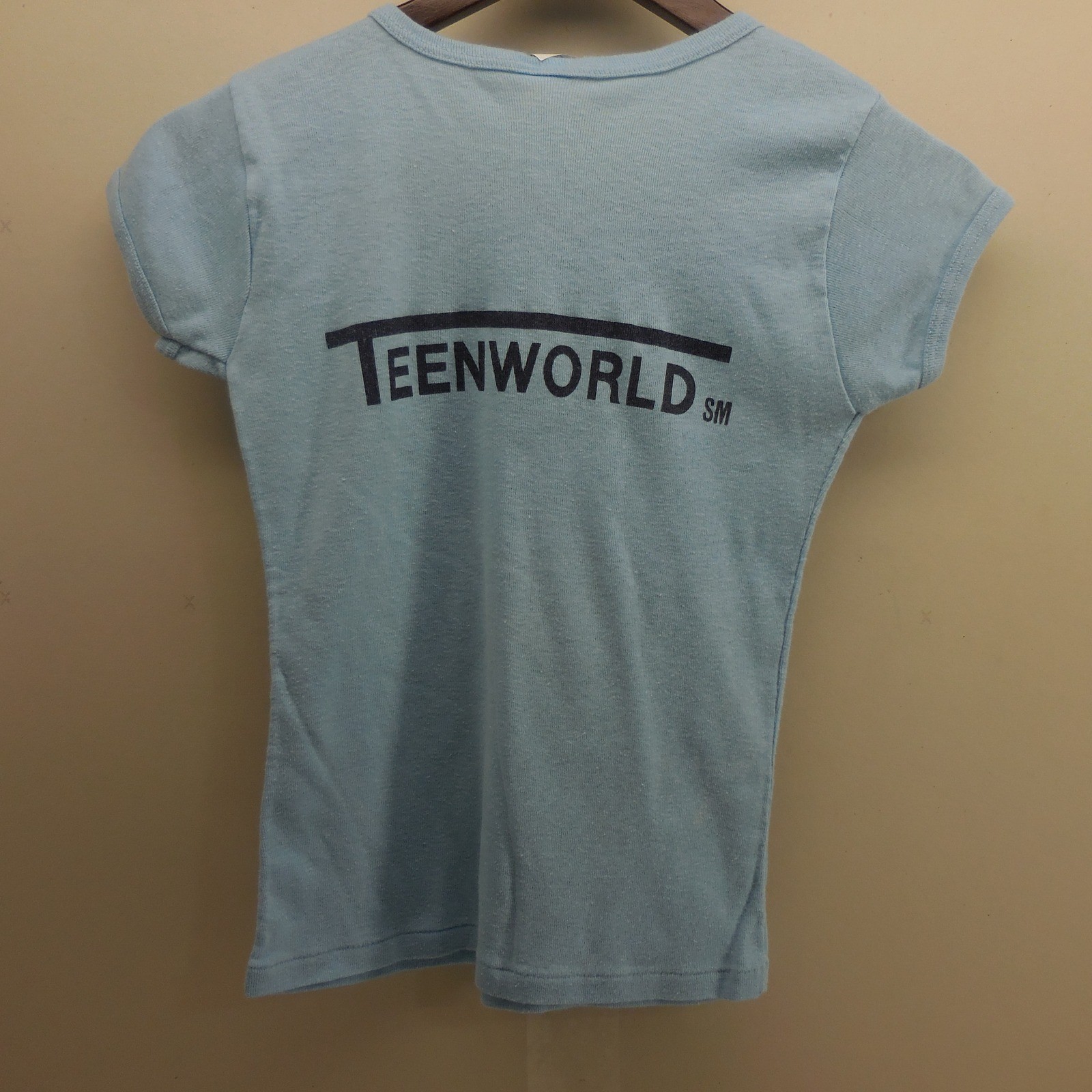 Vintage 80s Teen World Magazine Shirt Anvil Light Blue Baby Tee Small USA Made