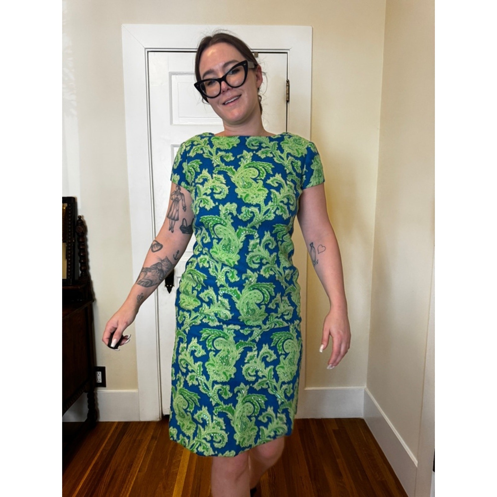 60s Vintage Wool Blend Green and Blue Paisley Dress Sz L