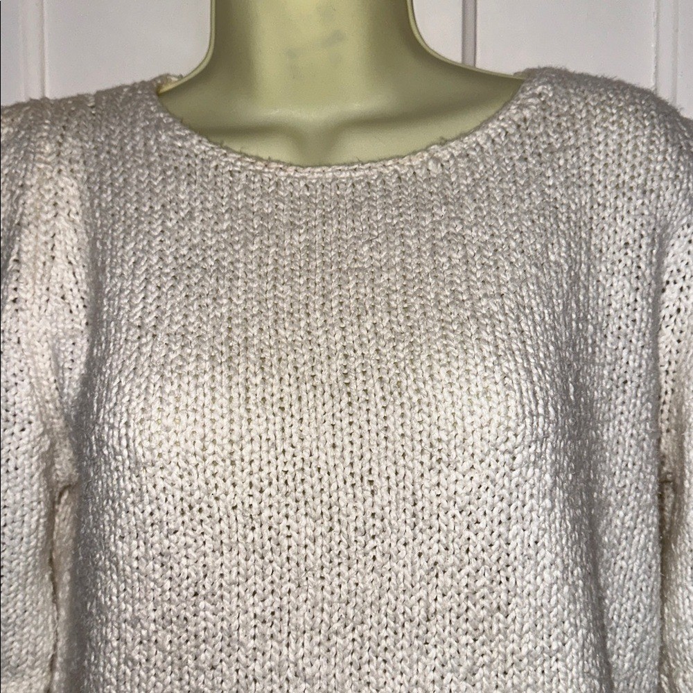 Vintage 80s JEANNE PIERRE Creamy White Puff Sleeve Cotton/Ramie Sweater
