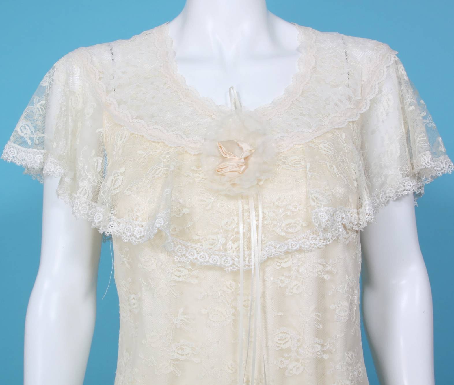 Vtg 1970s does 30s Lace Drop Waist Goddess Wedding Dress Flutter Sleeve 3/4 /610