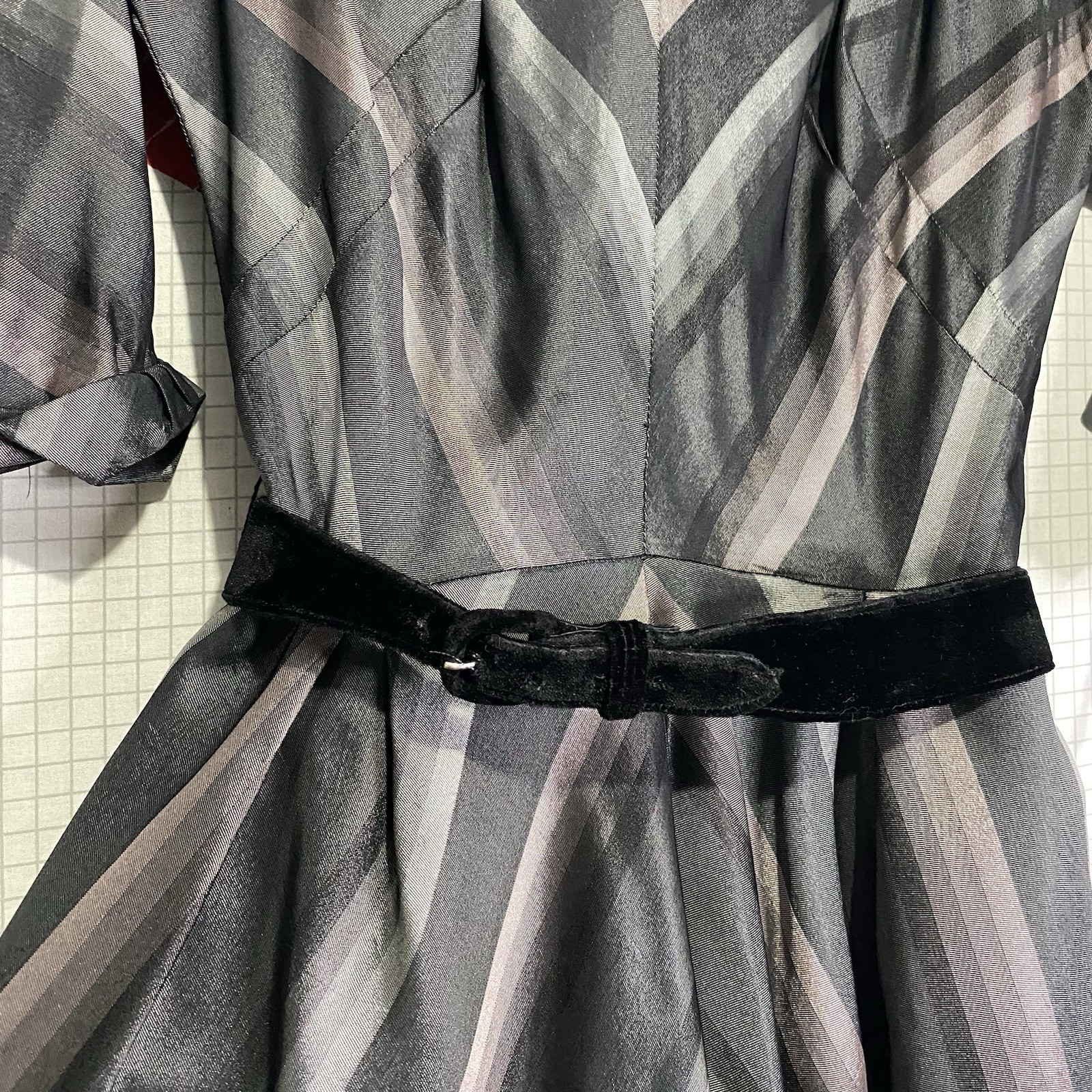Vintage 40s 50s R&K Chevron Dress Velvet Stripe M Ombré Rockabilly Lurex Taffeta