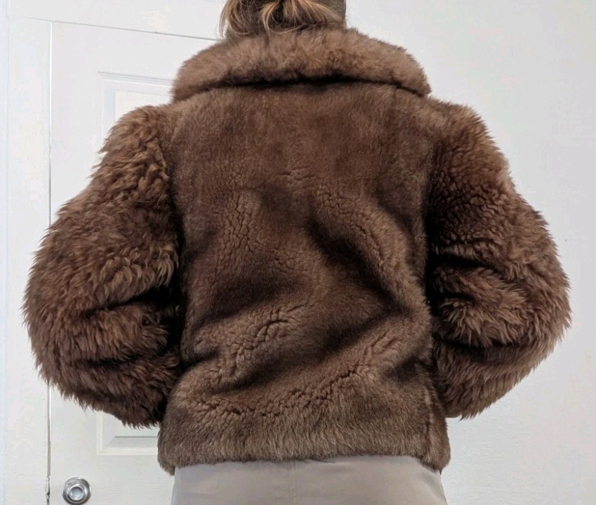 Vtg Ardney Genuine Suede Lamb Shearling Long Pile Wool Puffer Bomber Size 12 Tan