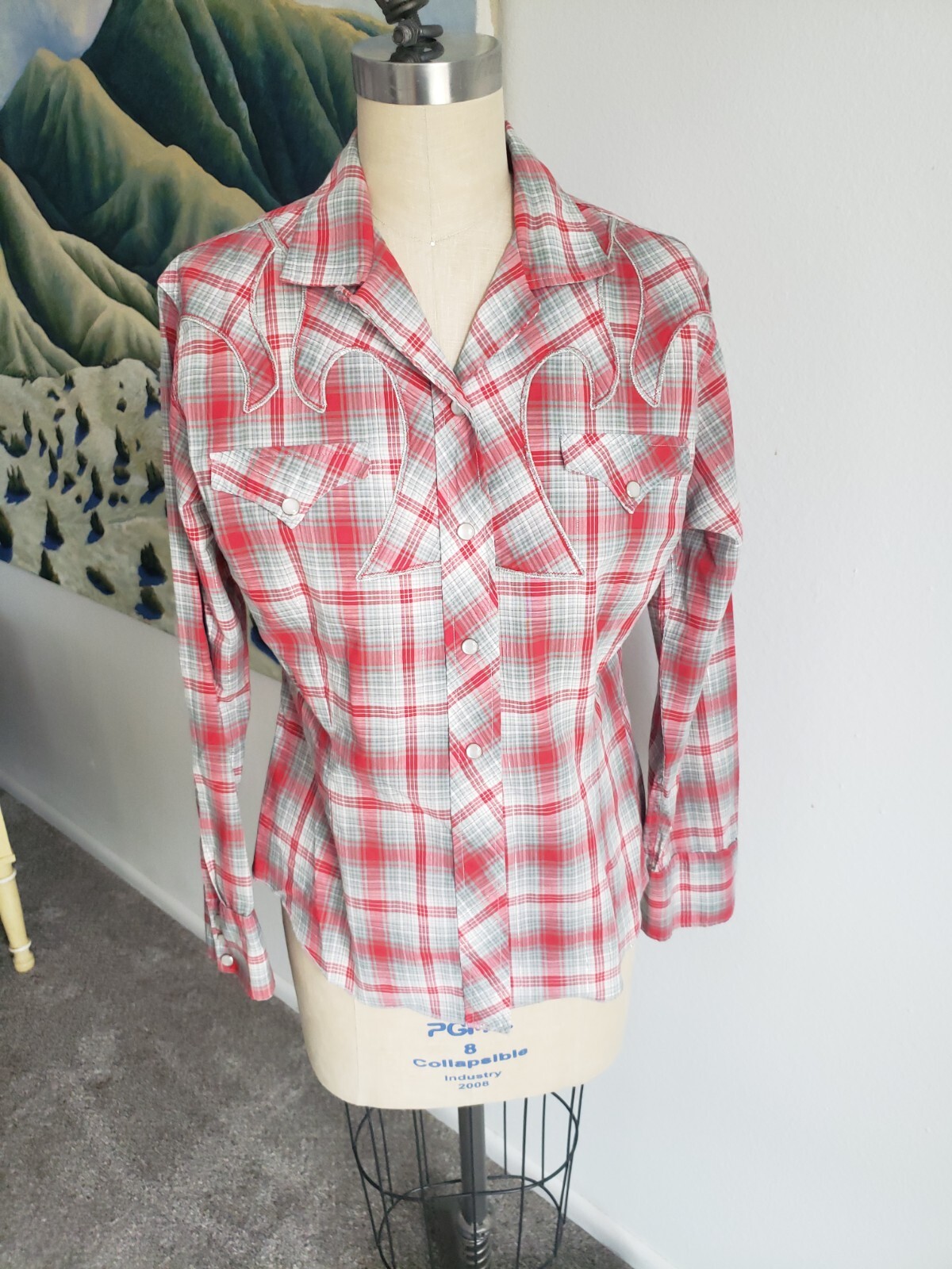 VTG H Bar C Womens Pearl Snap Western Shirt California Ranchwear 36 Silver
