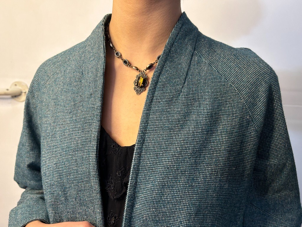 Vintage 1980s Blue Green Womens Woven Duster Coat Textured Cotton AU 6-8