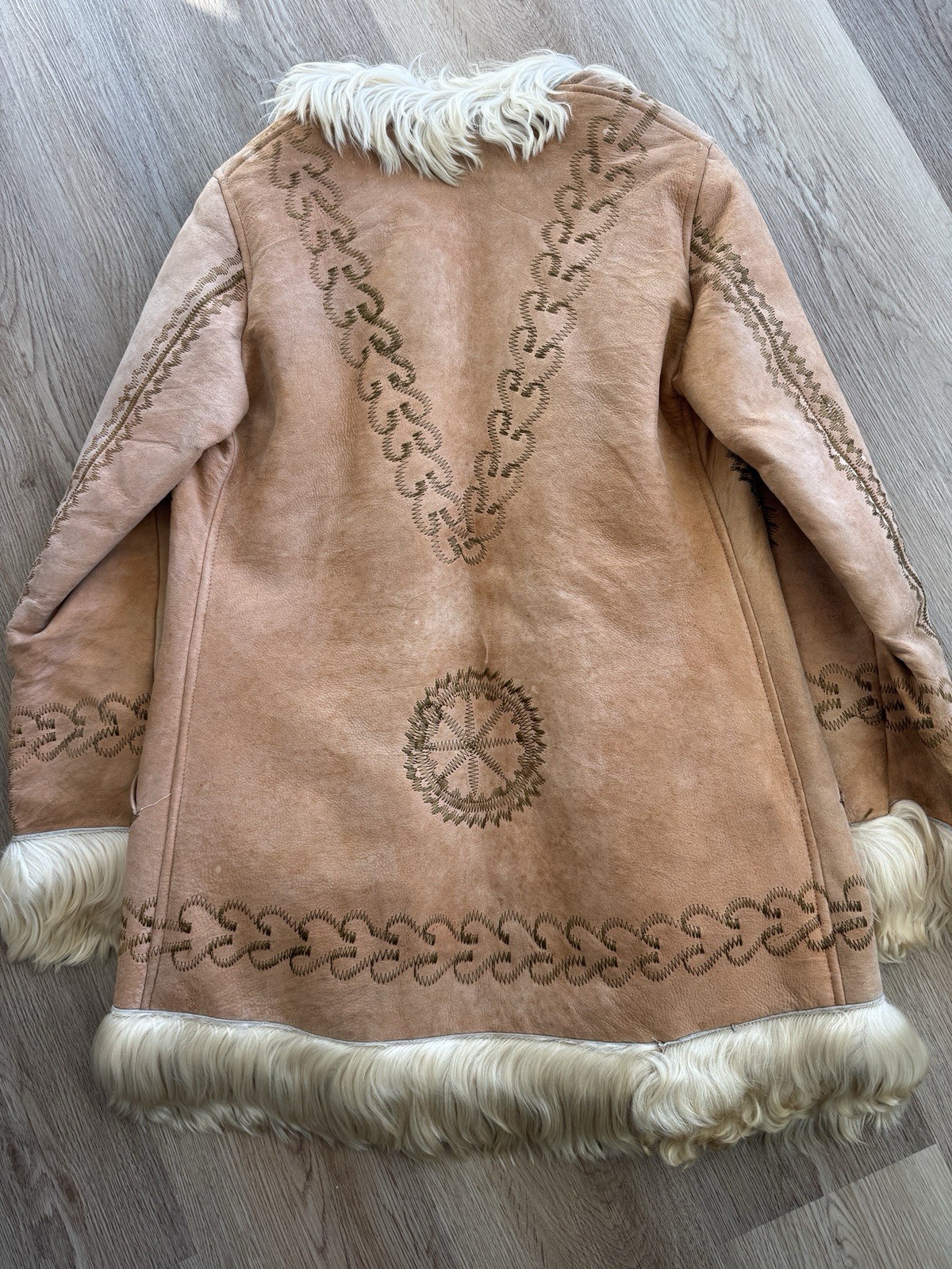 Vintage 1970s Shearling Suede Embroidered Afghan Coat Beige Cream