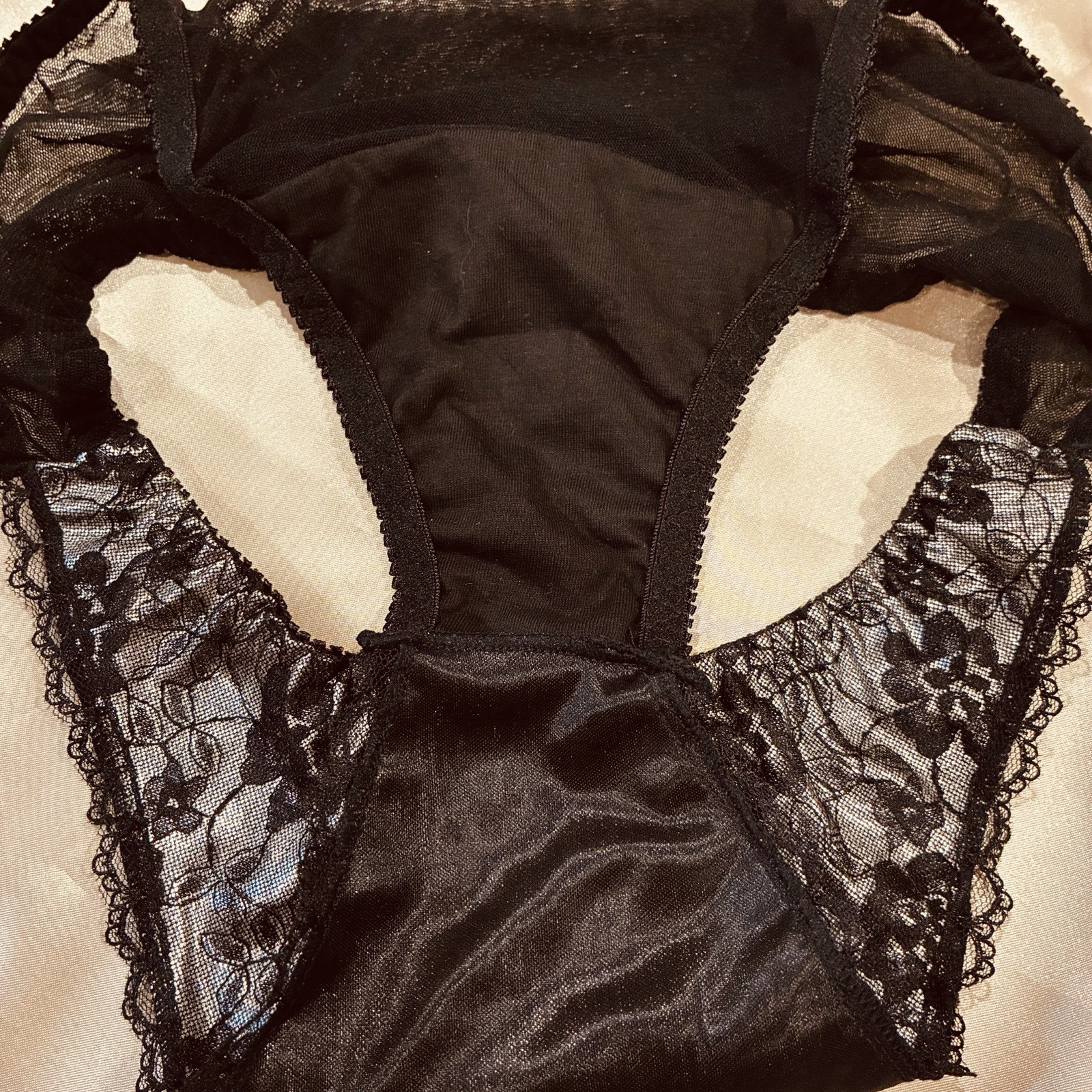 Vtg Silver Black Semi Sheer Nylon String Bikini Panty M