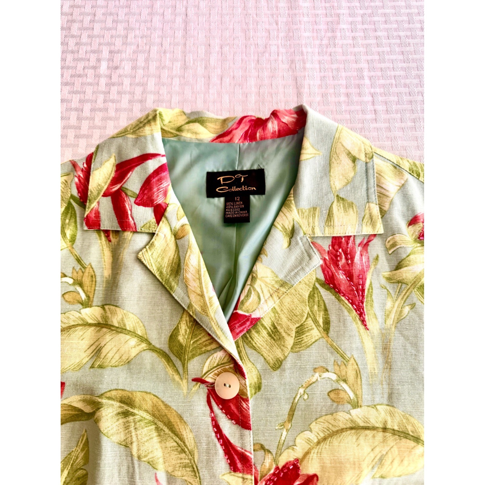 Rafael PT Collection Tropical Floral Linen Skirt Set Green Red Size 12 Vintage