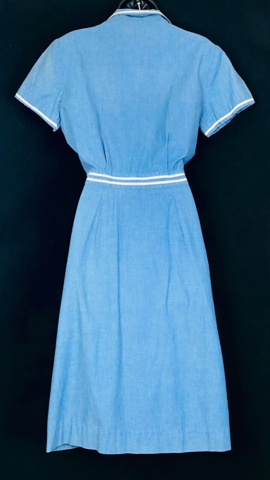 Vintage 1950s blue nautical dress, shirt cotton pin-up embroidered sailor M