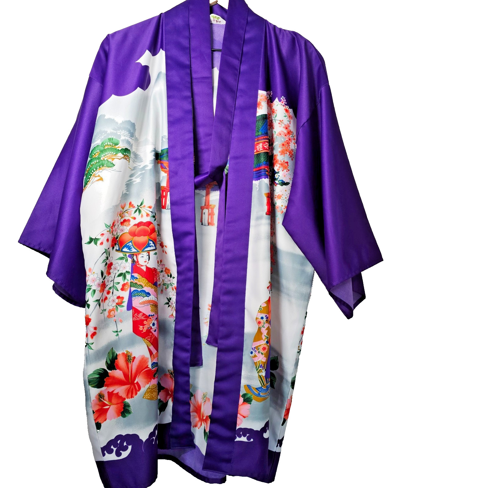 Vtg Ichiban Japanese Kimono Robe Purple Geisha Pagoda Satin NWOT Made in Japan