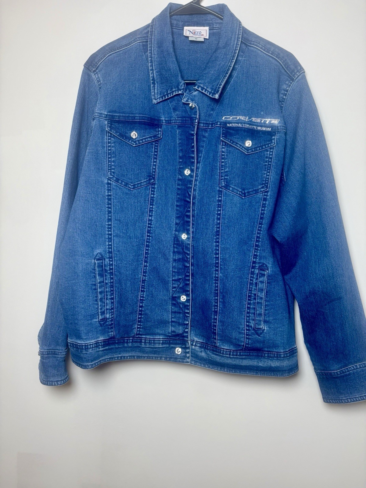 C8 Corvette Jeweled Denim Jacket embroidered jeweled logo on the back.