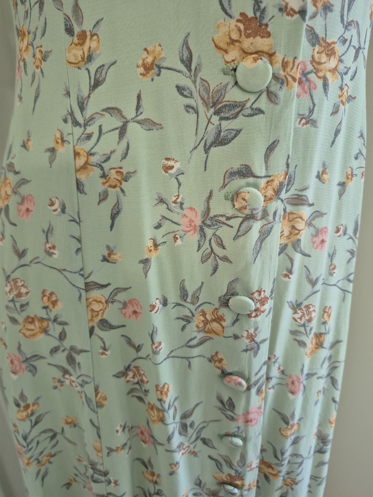 Vintage 80s Ed Michaels Rayon Tea Dress Mint Green Floral Cottagecore Midi M/L
