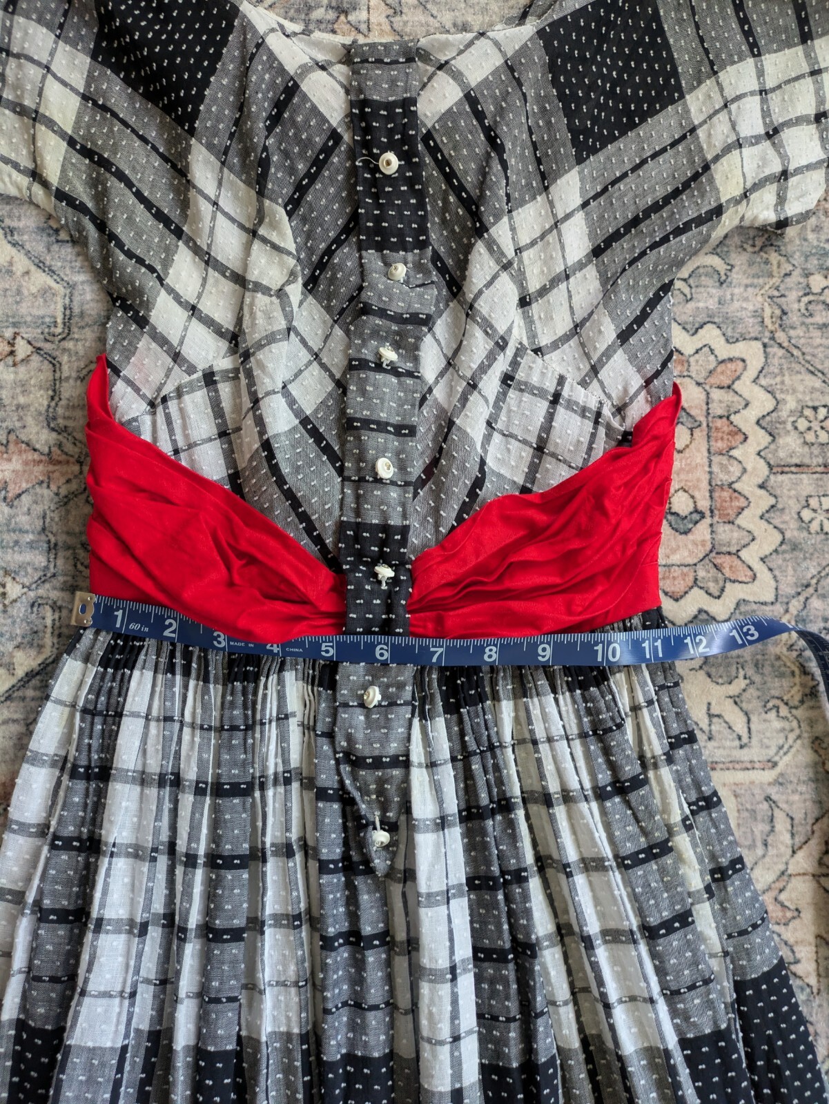 Vintage 1950s Lana Lobell Plaid Dress Red Scarf Waist Short Sleeve