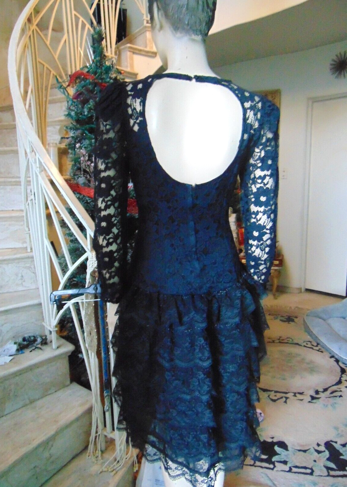 Vintage 80s Cachet by Bari Protas Victorian Flapper Drop Waist Black Lace Dress