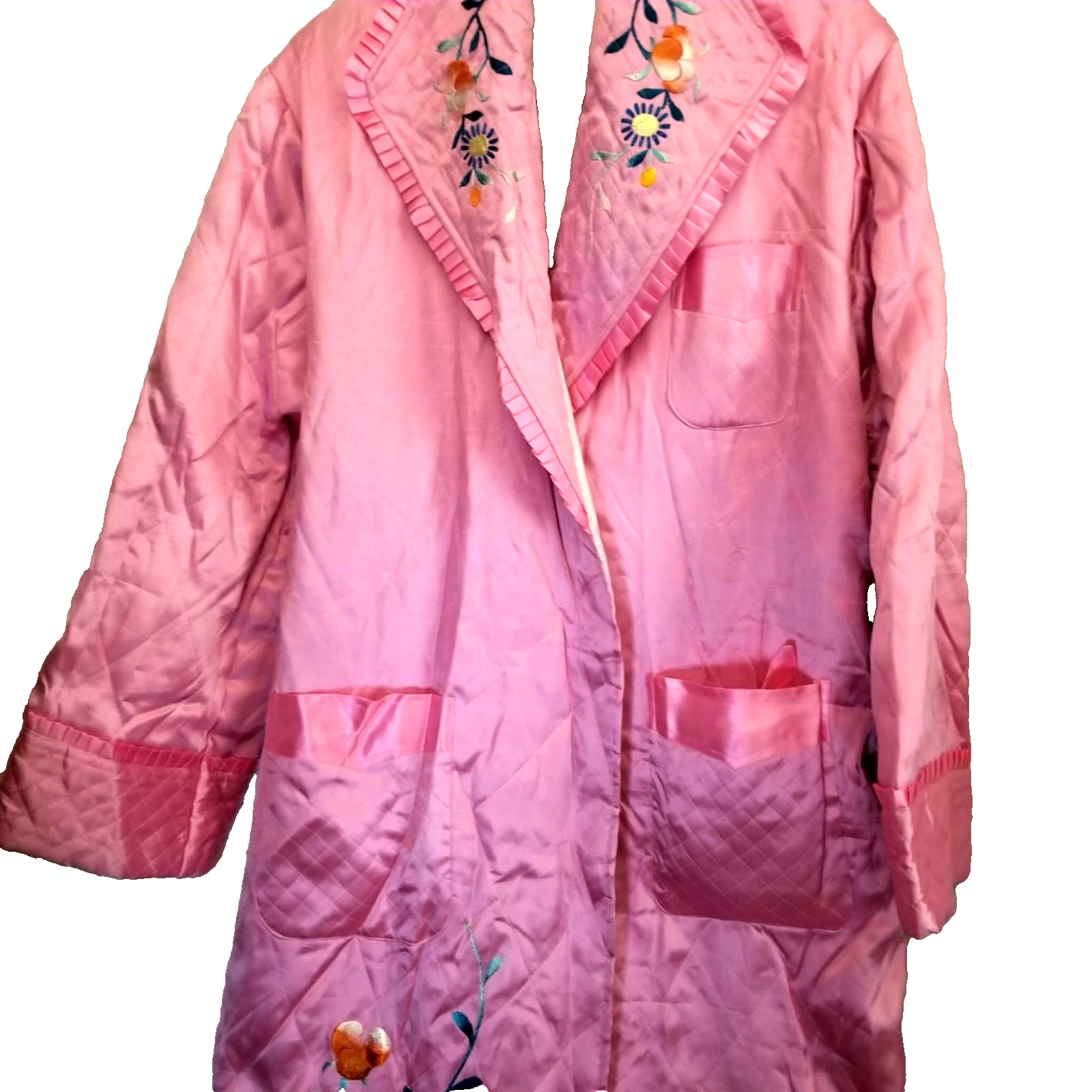 vintage Pink Satin Floral Embroidered robe housecoat Kimono asian style SZmedium