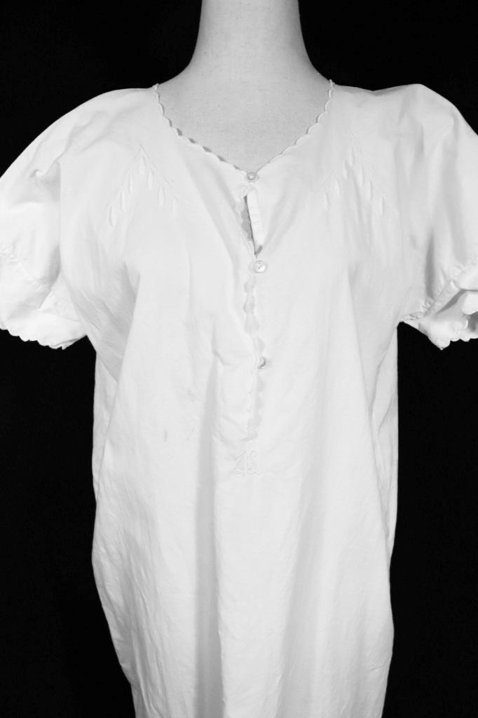Antique Initialed Edwardian French White Cotton Night Gown Plus Size