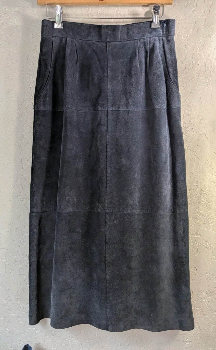 VTG Leather Suede Navy Blue Midi Skirt Western Chic Boho (Sz 12 Tag) 26 in waist