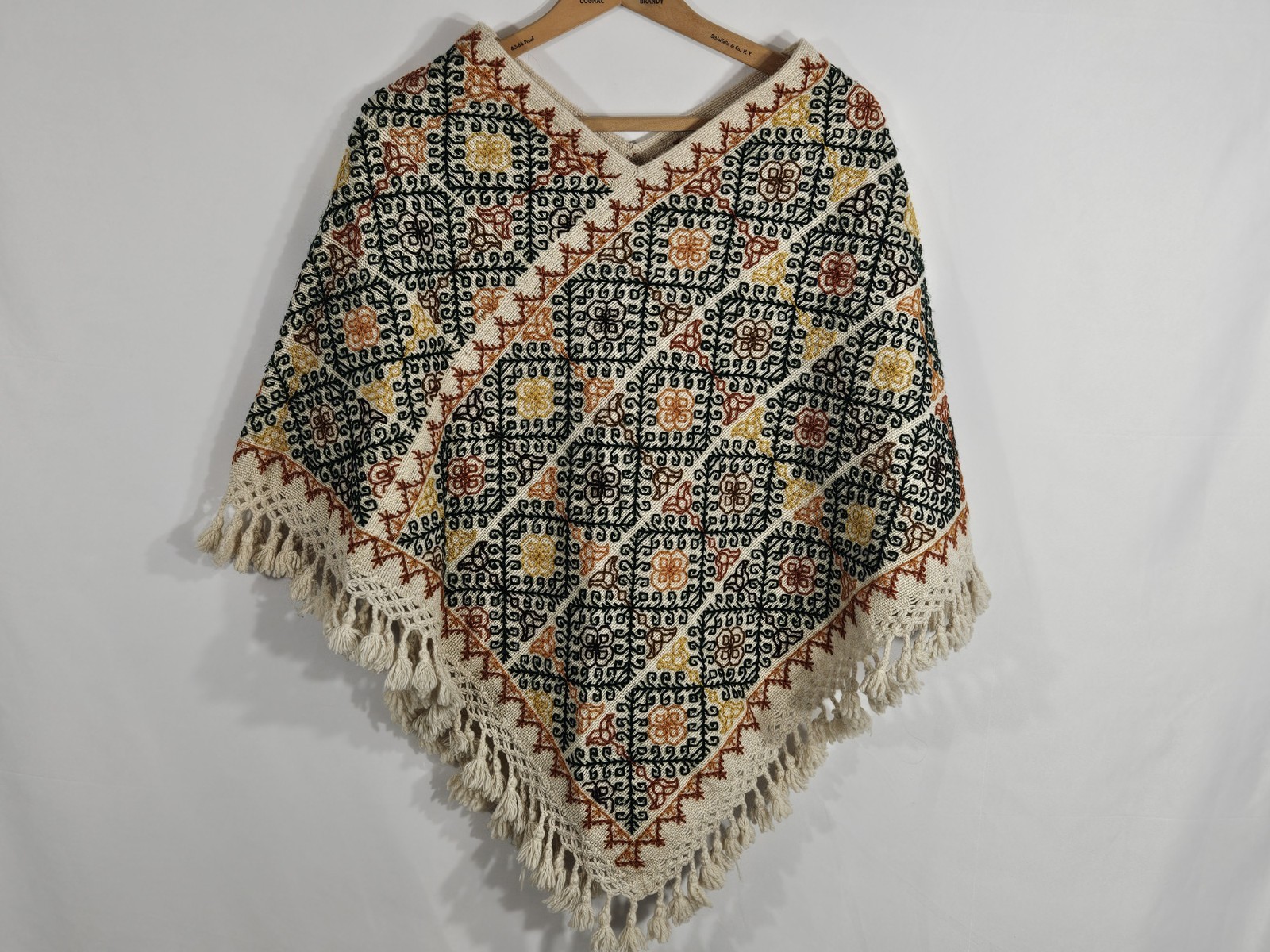 Vintage Embroidered Floral Design Wool Tassel Poncho Shawl