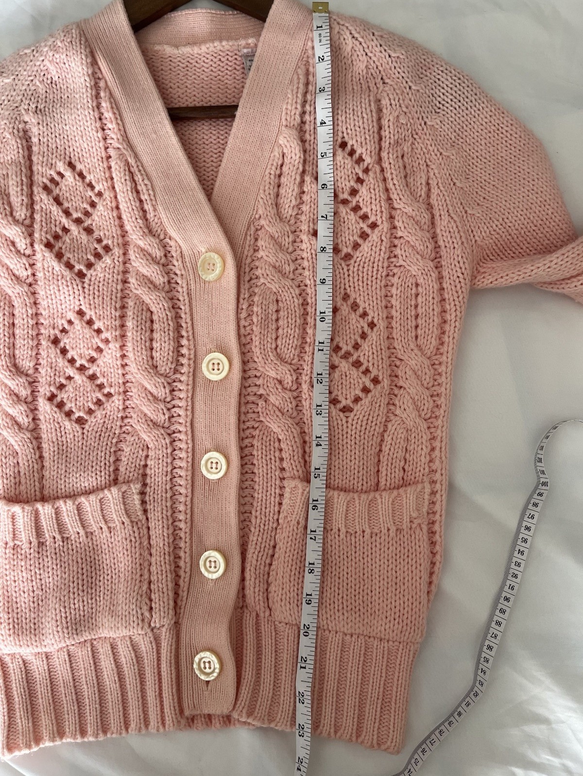 Rare Vintage Baby Pink Chunky Knit Cardigan Sweater Size S 60s 70s W/ Pockets