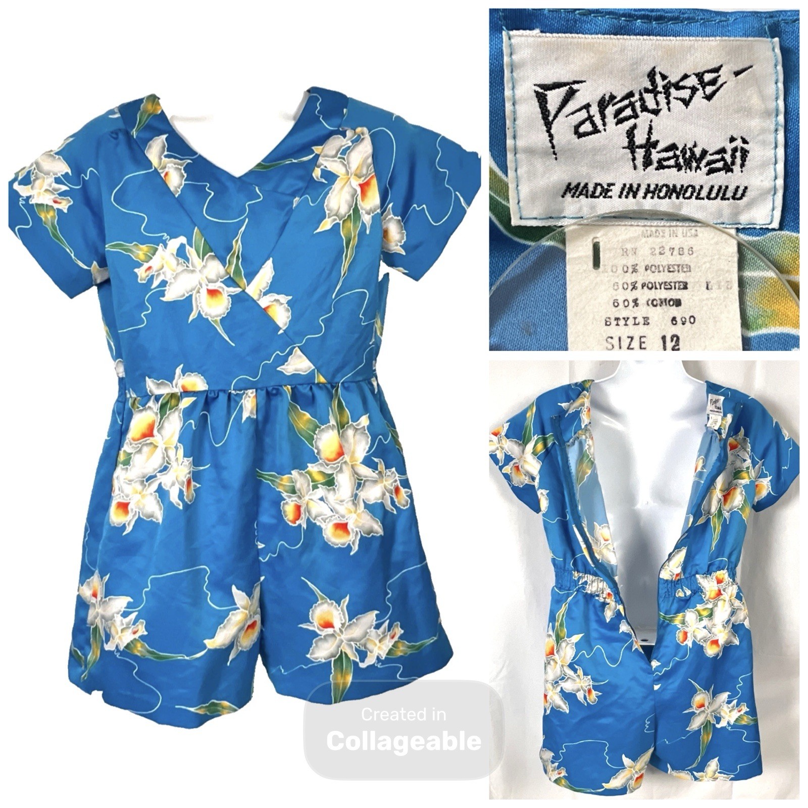 Paradise Hawaii Womens Vintage Romper size 12 Blue Tropical Floral Style 690