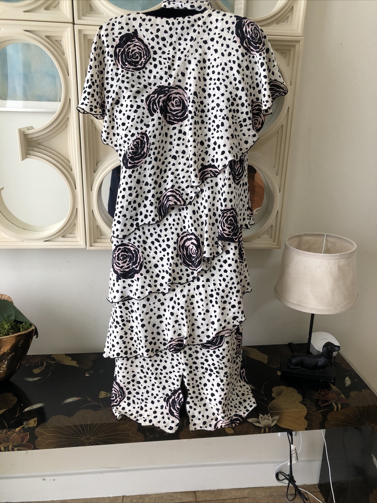 Holly Harp vintage 80s tiered floral & polk dot dress with pussy bow neck sash S
