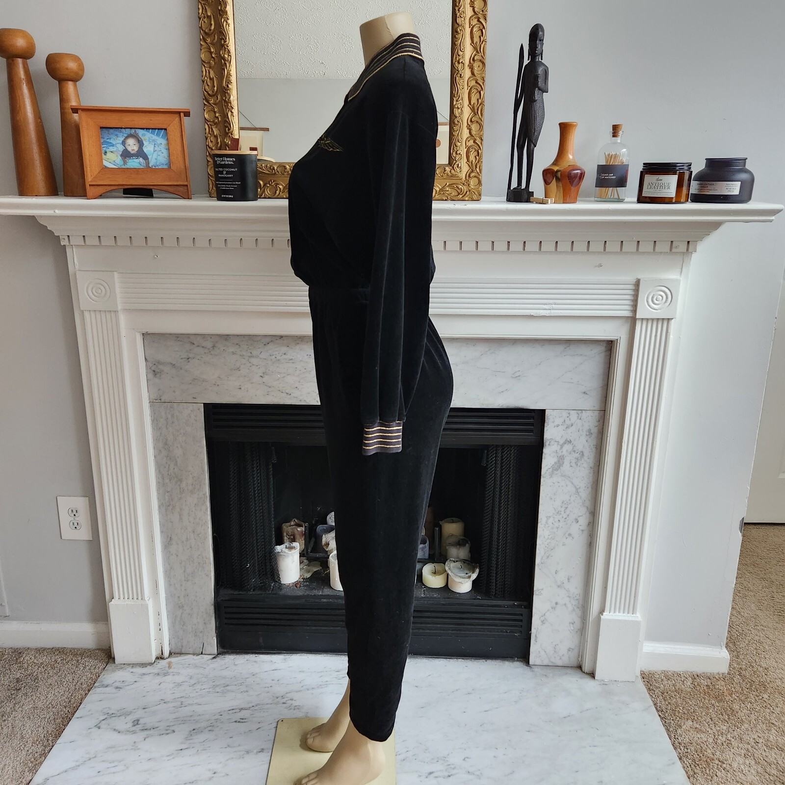 Vintage 80s Black Velour Jumpsuit Size Medium Embroidered Metallic Gold Retro