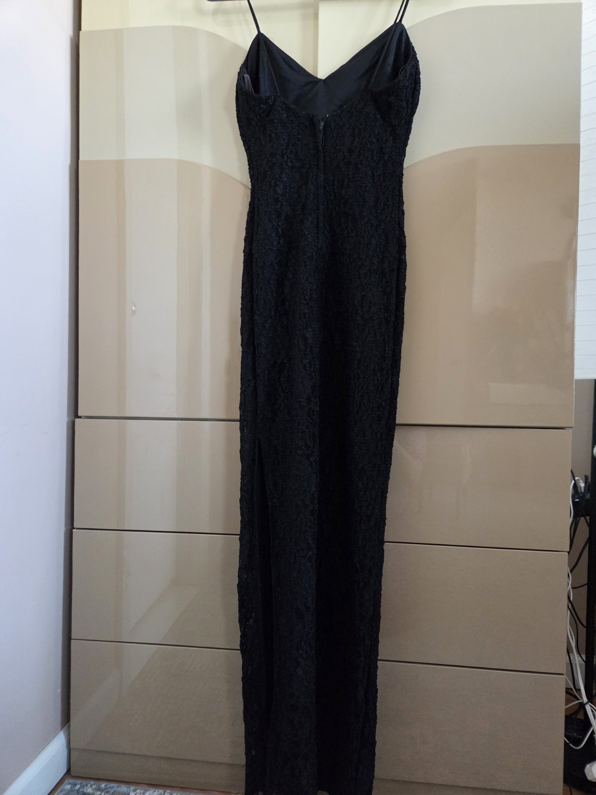 Vintage L.A. Glo Black Lace Maxi Dress Slip Spaghetti Strap Side Slit USA XS/S