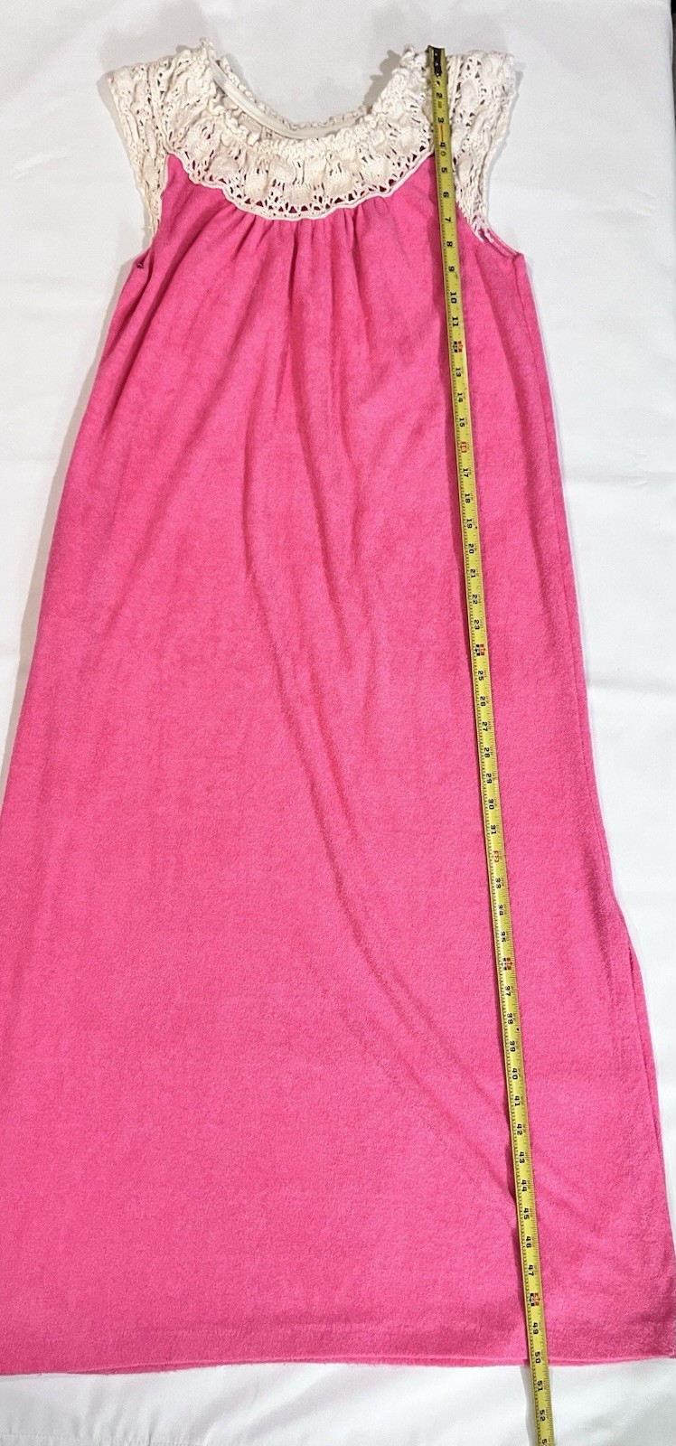 Vintage Hot Pink Terry Cloth Crocheted Lace Summer Dress Swim Cover Up 70s Mod