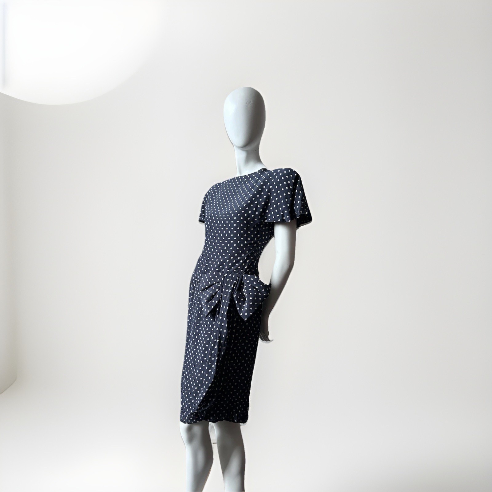 Vintage Arnold Scaasi Dress Pin Up Navy Blue White Polka Dot 80s Cocktail sz S