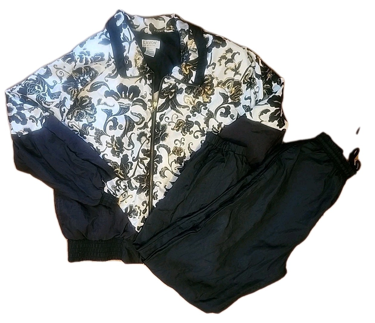 Vintage Lavon 1980-90s Tracksuit Windsuit Sz M Retro Lined Black Gold Floral