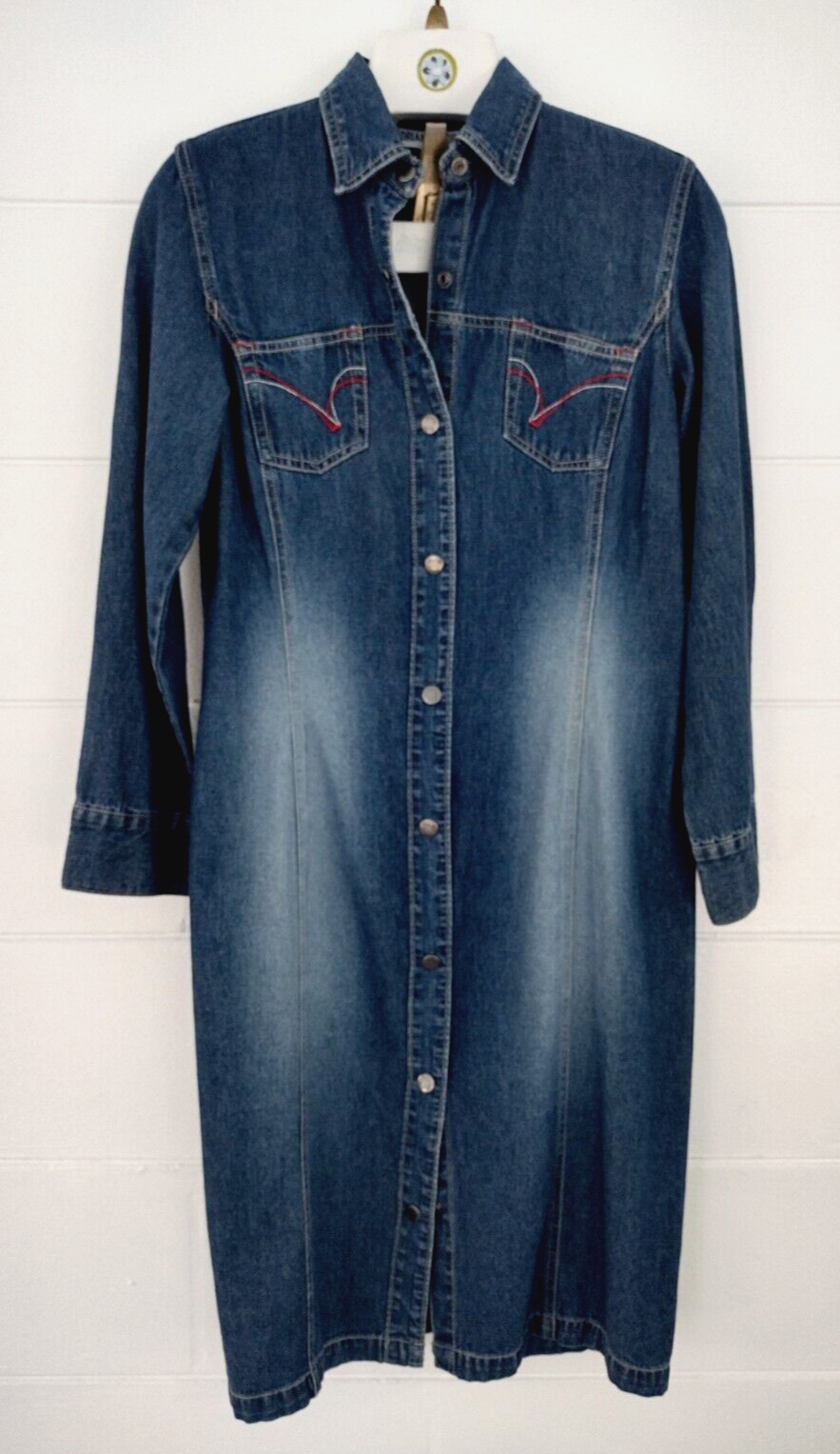 Vtg 90s Y2k Adriana Denim Jean Shirt Dress Snap Front Dark Wash Duster S Rodeo