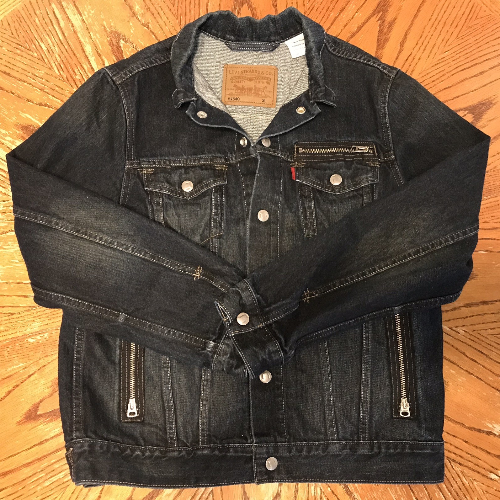 LEVIS Jean Jacket Moto Style Trucker #57540 Denim Zipper Rare Snaps Vintage XL