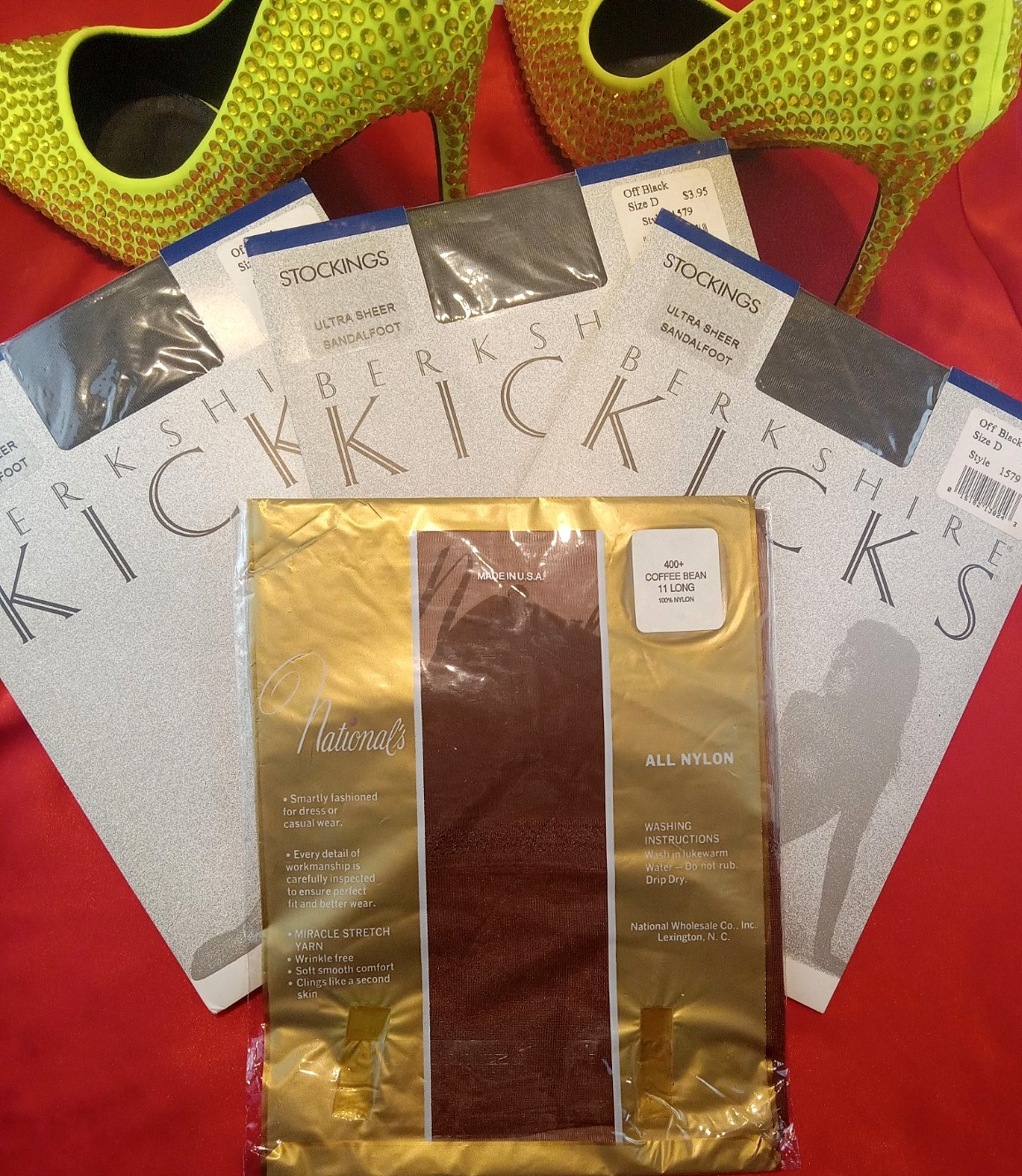 3 PAIRS RARE SZ D VTG KICKS & SZ 11 L NATIONALS FLAT KNIT GARTER NYLON STOCKINGS