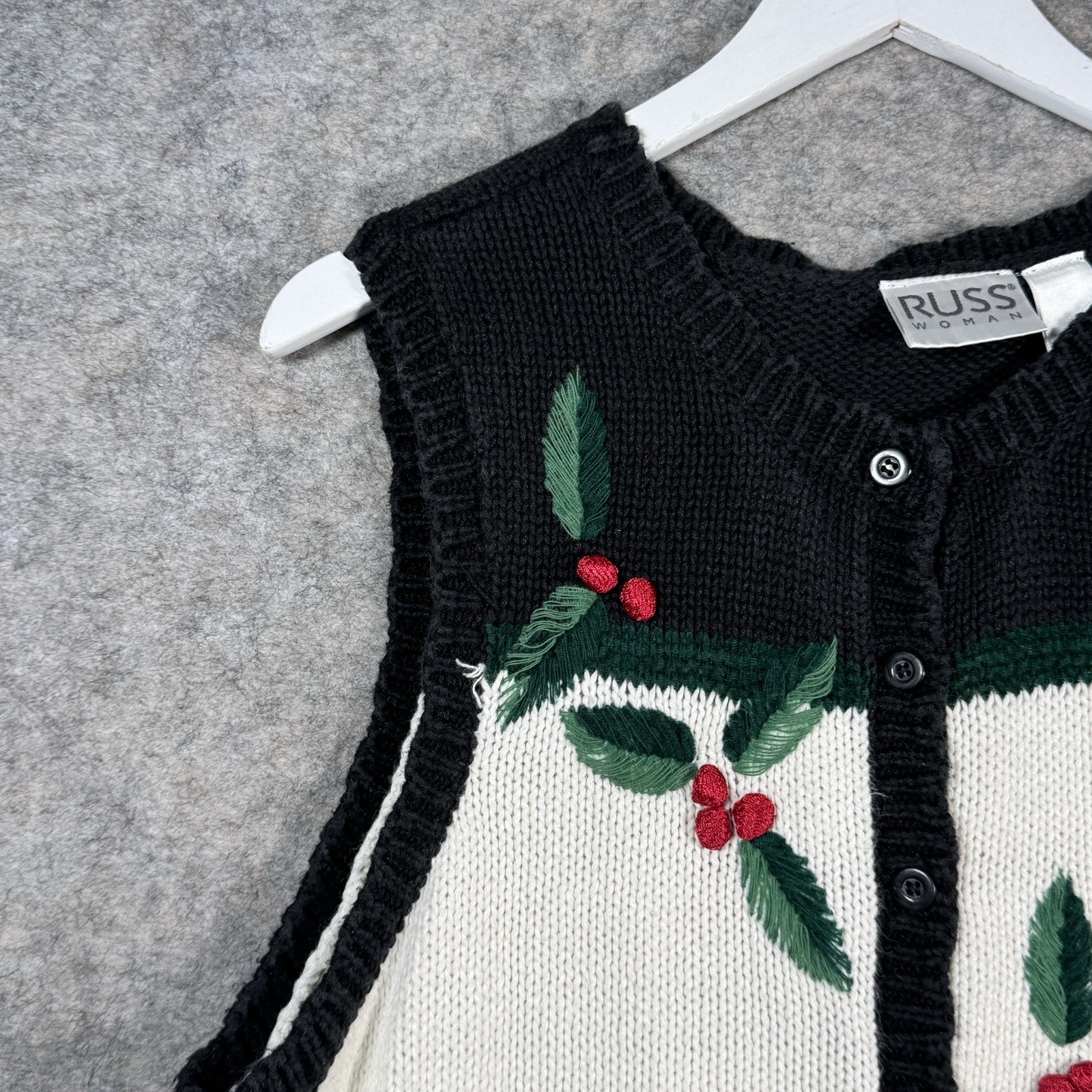 Vintage 90s Womens Russ Woman Christmas Knit Cardigan Sweater Vest Size 14/16W