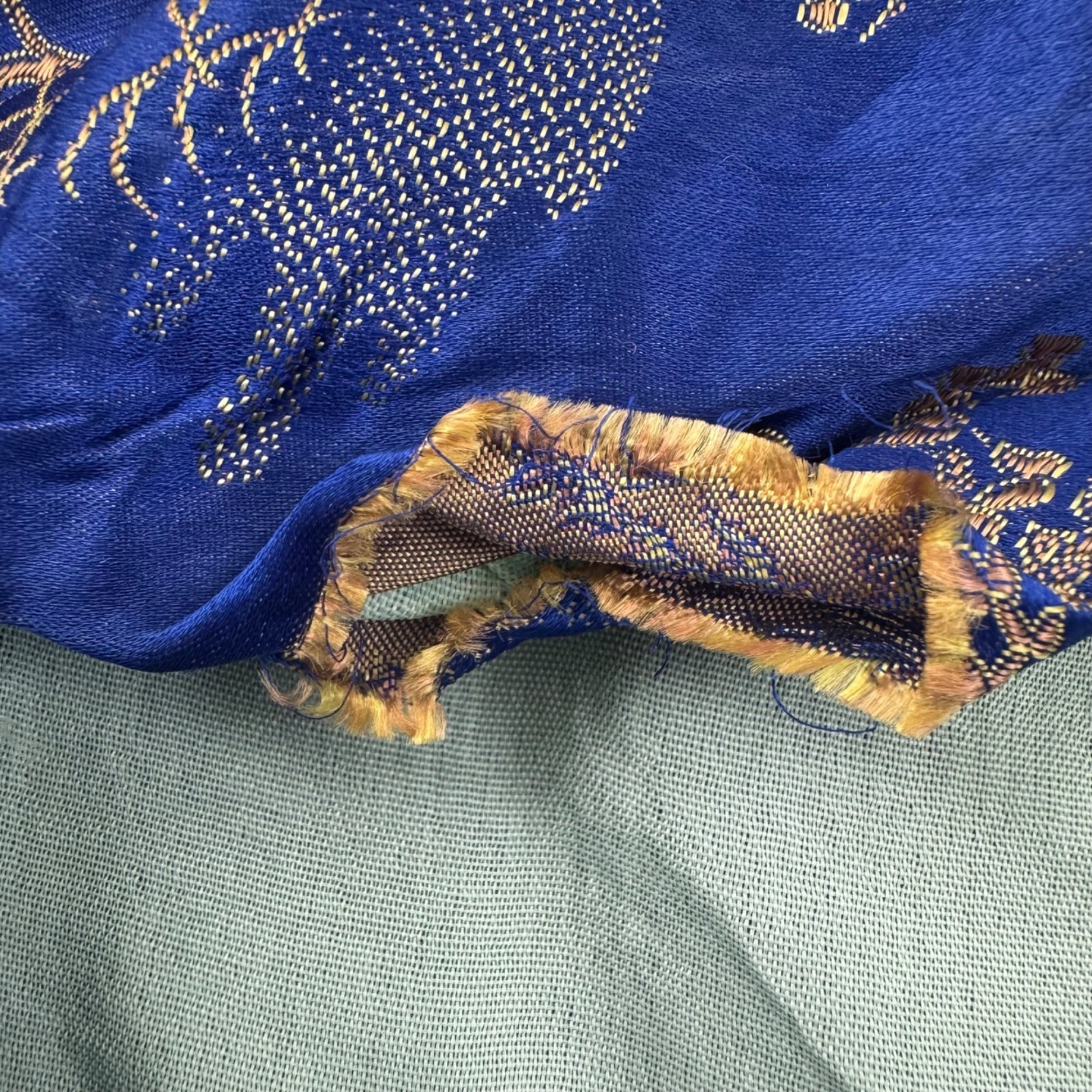 Vintage Blue & Gold Asian Brocade Cheongsam Dress With High Collar & Side Button