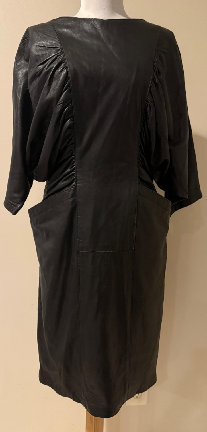 Vintage Womens Stunning Black Leather Dress with Pockets 1980s – Sz 12