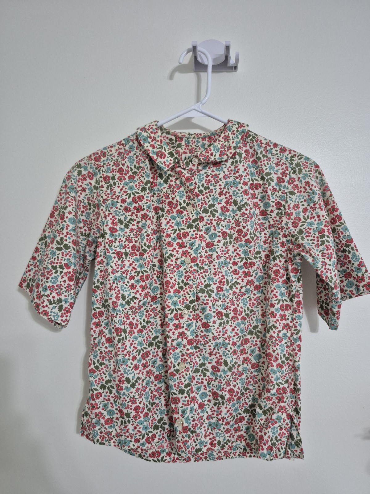 Vtg 60s 70s John Meyer of Norwich Floral Short Sleeve Blouse Peter Pan -Small