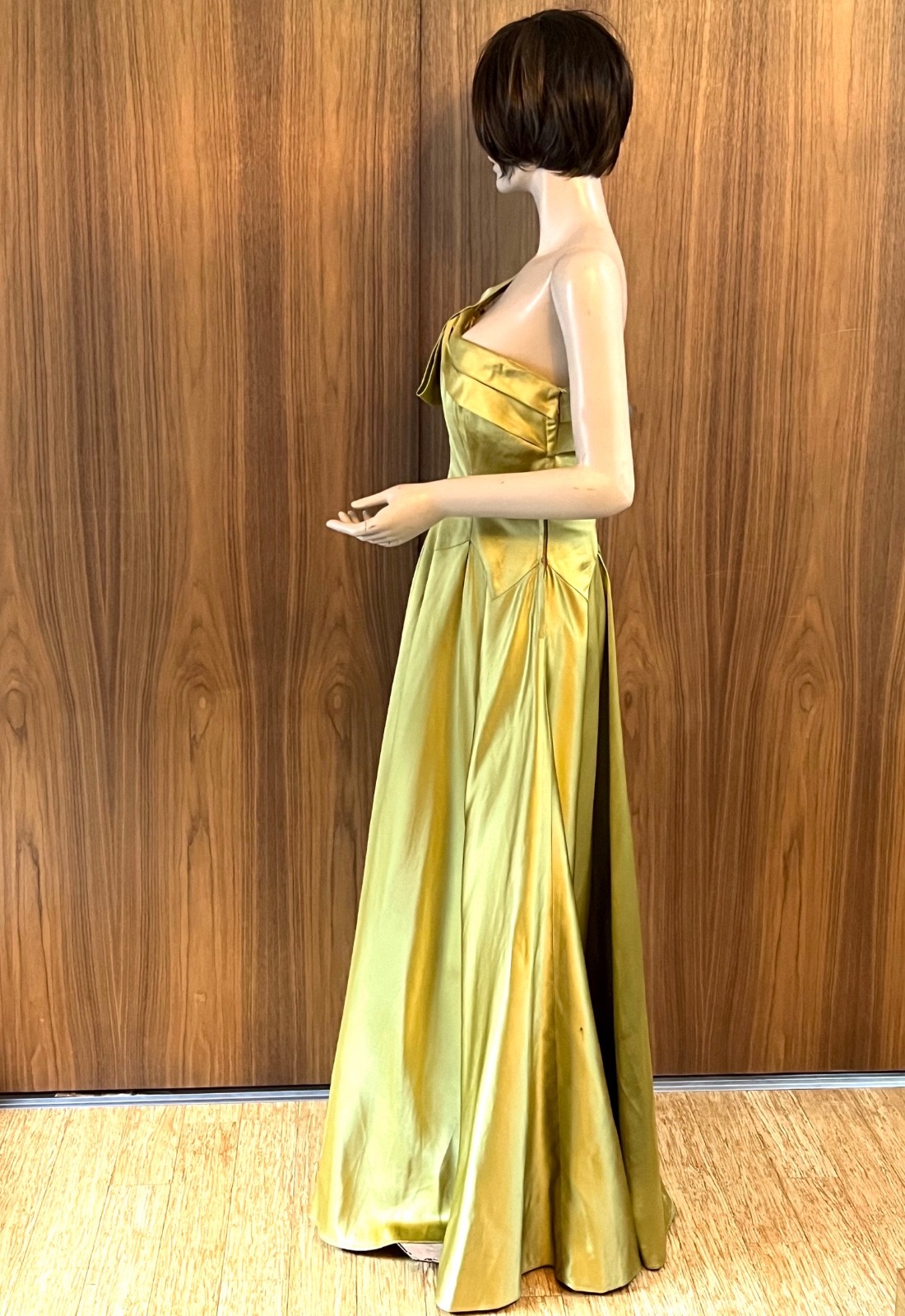 1950s CEIL CHAPMAN Silk Satin Gown Green Gold One Shoulder Full Skirt Dress