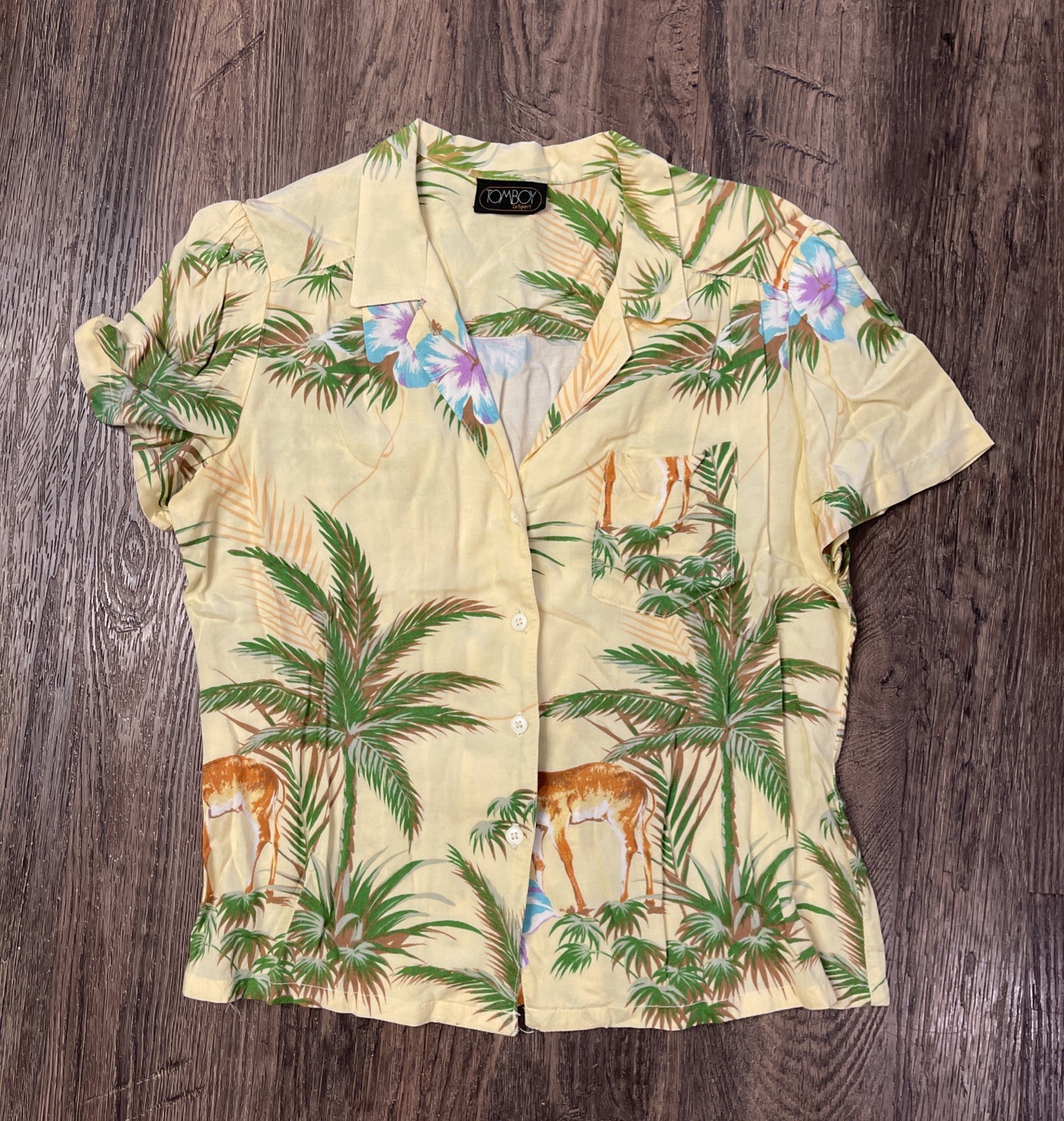 VTG Tomboy Le Sport Top 90s Island Palm Safari Preppy Resort Vacation Floral Sm