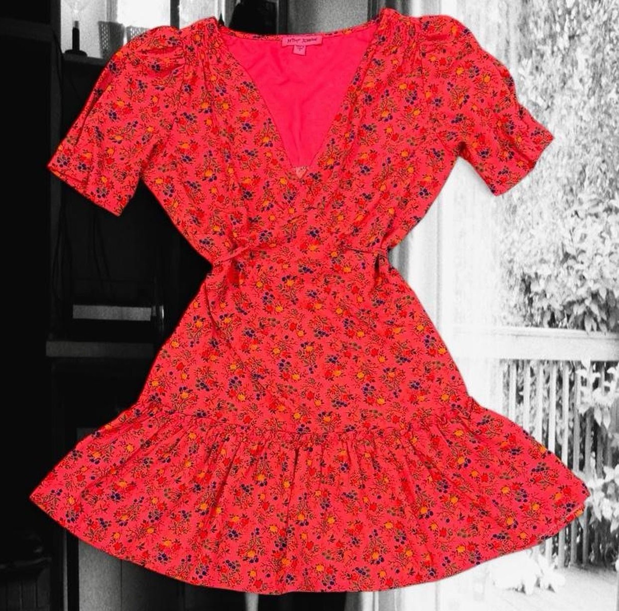 Betsey Johnson Pink Multicolor Floral V-Neck Ruffle Puff Sleeve Dress S