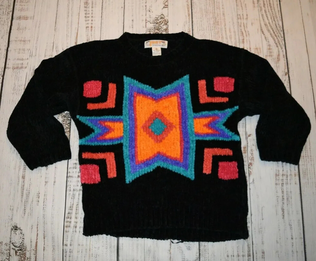 JUST CRISTINA RETRO VTG 1980s ACRYLIC SWEATER KNIT CREWNECK GEOMETRIC MEDIUM M