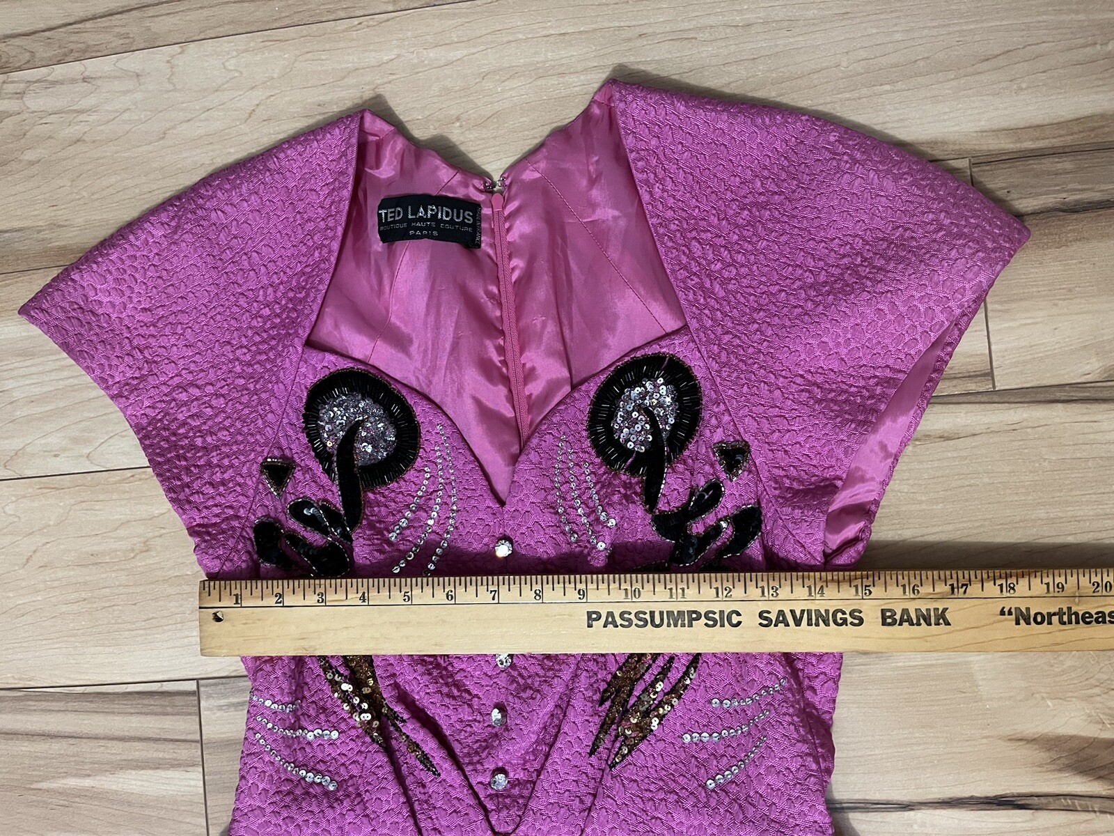 Vintage Ted Lapidus Couture Paris Hot Pink & Black Beaded Dress Peplum 4/6 Glam