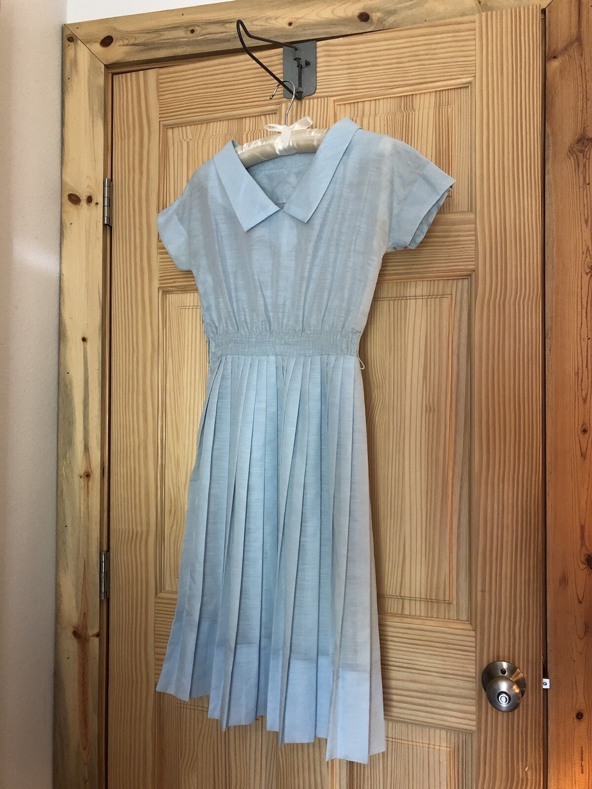 1950s / 1960s LIGHT BLUE DRESS WITH PLEATED SKIRT AND PAN COLLAR