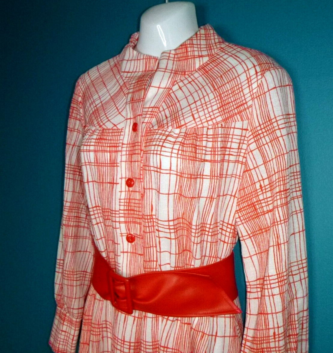 NWT Vtg 70s Discovery I Red White Plaid Poly Maxi Dress W/ WIDE Belt Sz 12 NOS