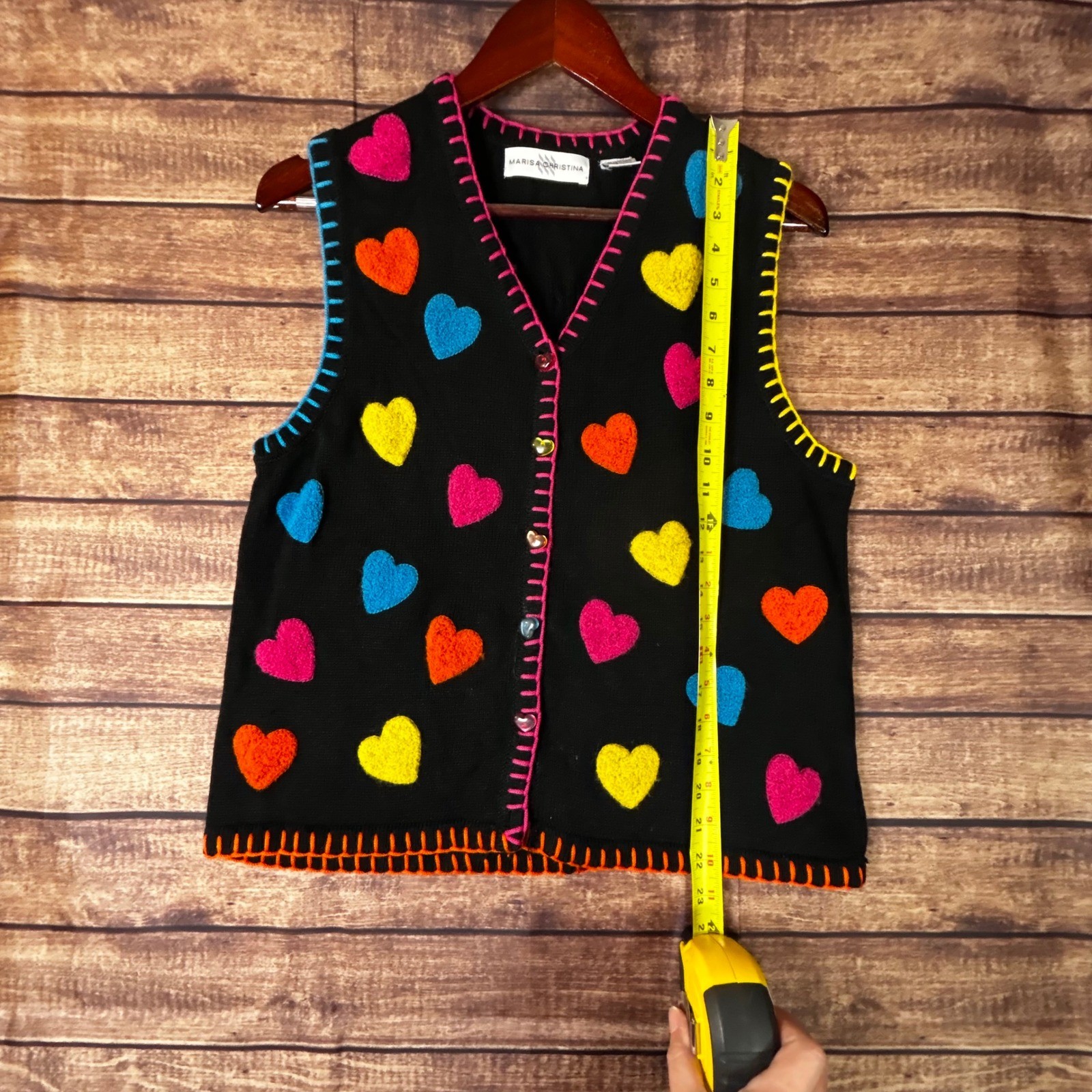 Marisa Christina Vintage Heart Patch Sweater Vest Black Multi Color Buttons M
