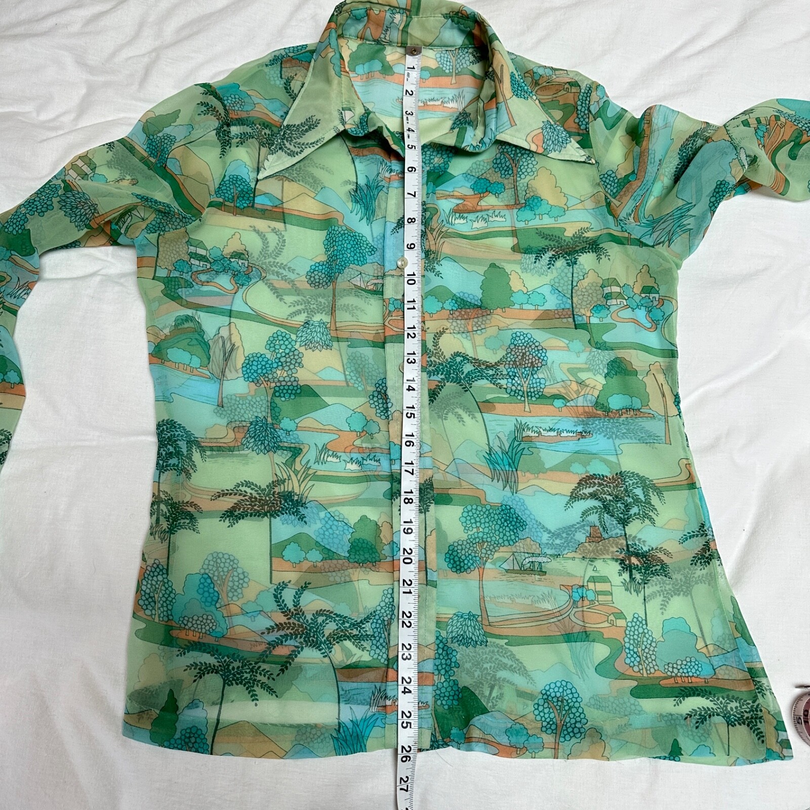 Sheer Button Down Shirt Aqua Dreamy Print Elegant Leisure Translucent Retro (M)