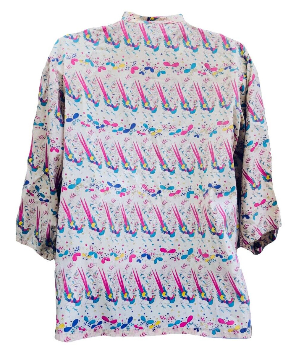 Vintage 40s Silk Rayon Blend Mandarin Collar Fun Print Ivory Blouse Top size 34