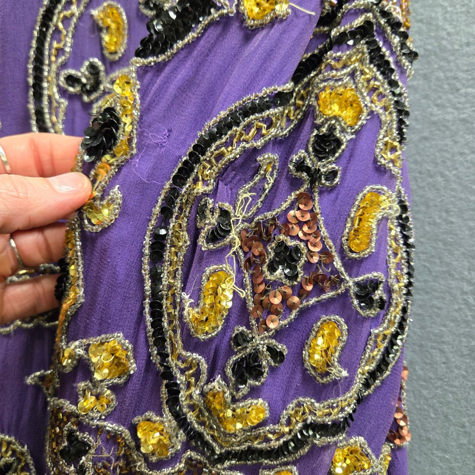 Vintage Beaded Silk Jacket Maximalist XL Purple Sequin Open Festival Art Deco