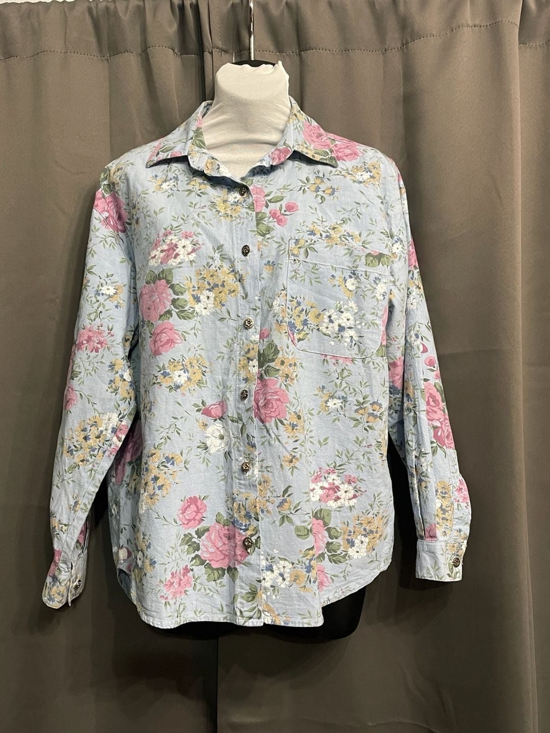 Capacity Vintage 90s Blue Floral 100% Cotton Long Sleeve Button Up Shirt Size S